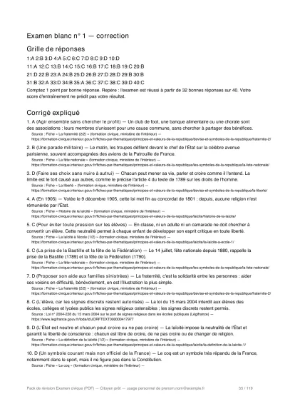 Grille de réponses et corrigé expliqué et sourcé d'un examen blanc